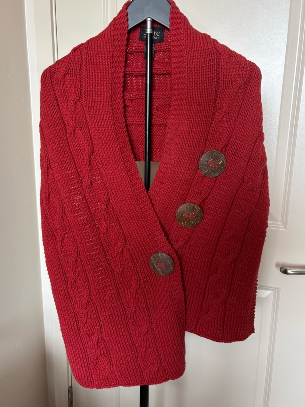 Pure Handknit 100% Cotton Cable Knit Wrap Shawl with Coconut Buttons